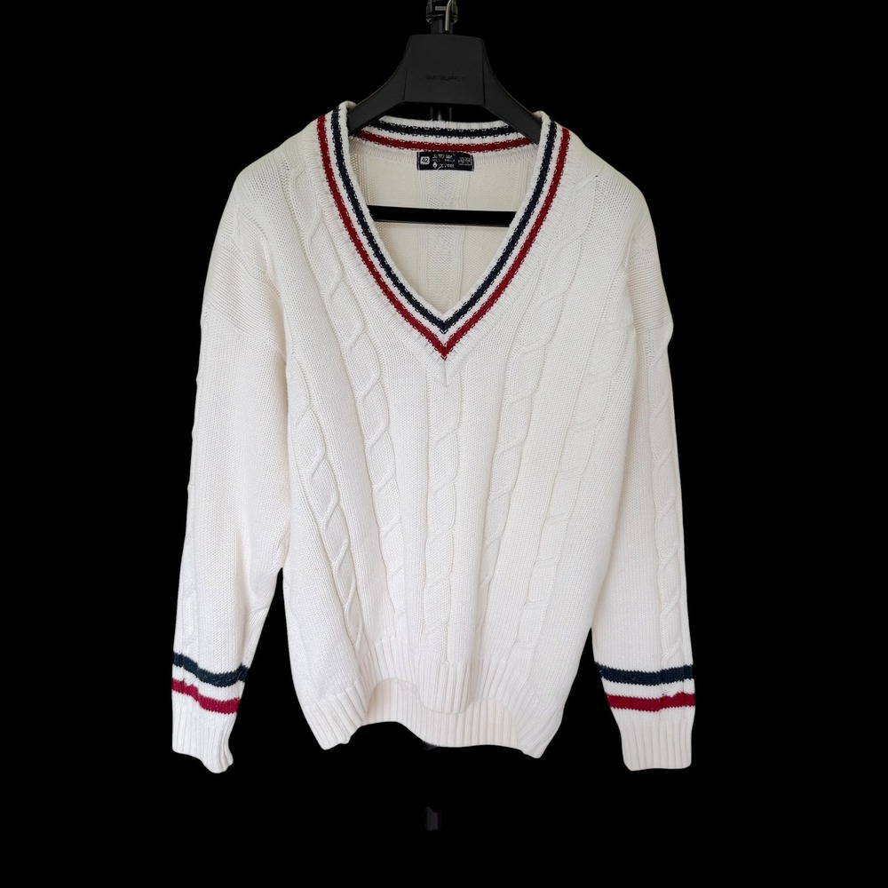 70's White Cable Knit V-Neck Cricket Sweater Navy Red Striped Trim Size 48